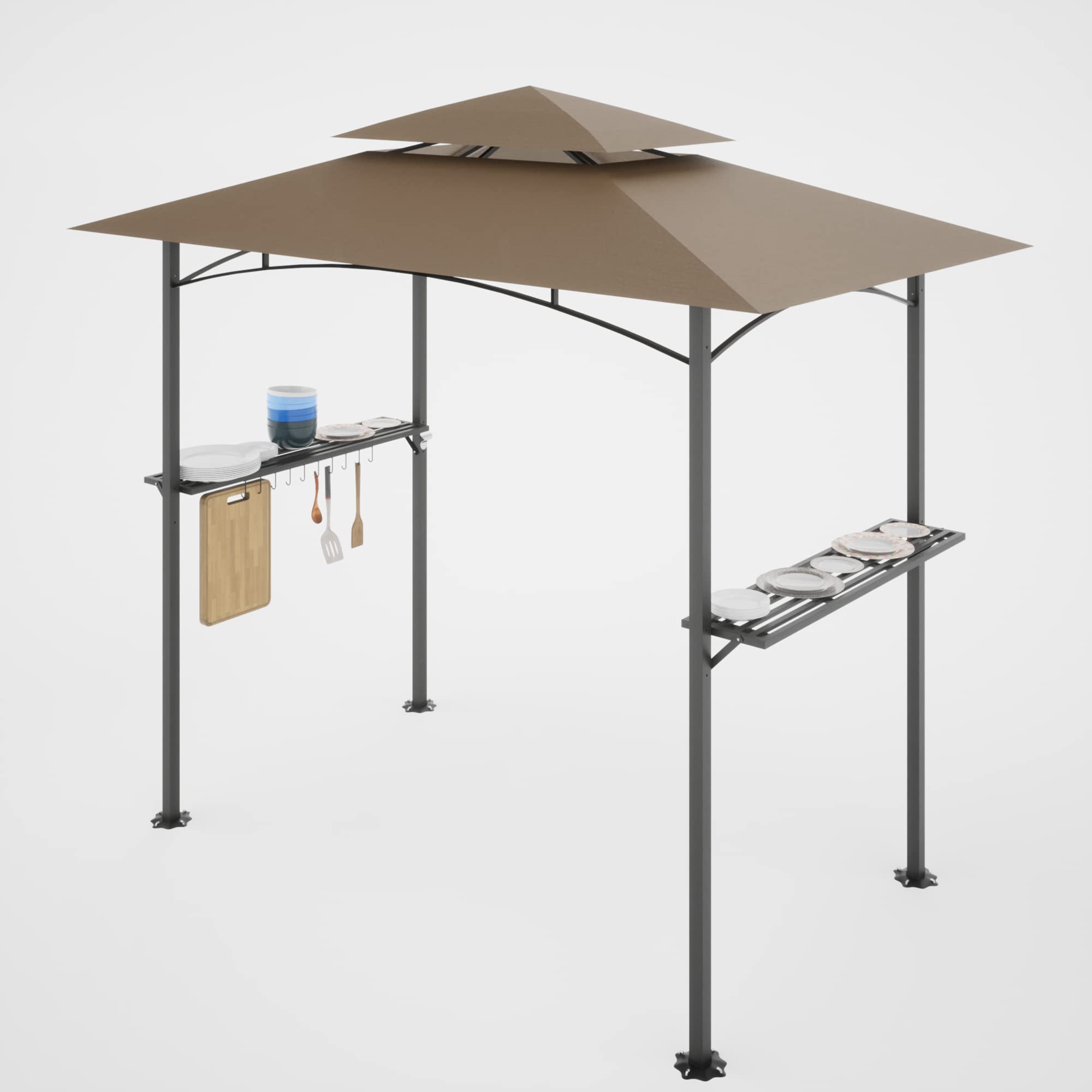 8 x 5 FT Grill Gazebo,Double Tiered Outdoor BBQ Gazebo with 2 Side Shelves,10 Hooks and Bottle Opener,Barbecue Grill Canopy Shelter for Patio Garden Beach Backyard Gatherings Parties (Khaki)