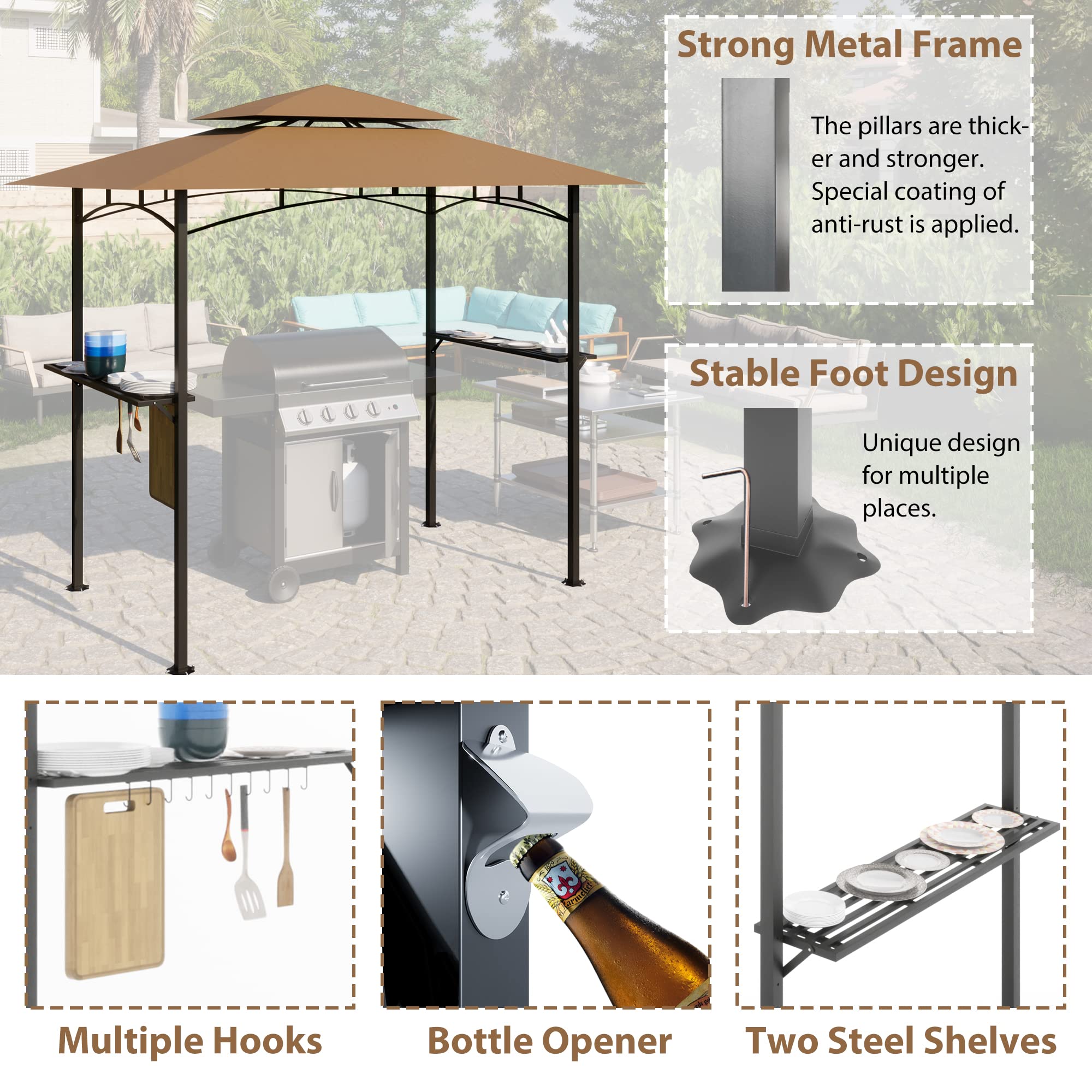 8 x 5 FT Grill Gazebo,Double Tiered Outdoor BBQ Gazebo with 2 Side Shelves,10 Hooks and Bottle Opener,Barbecue Grill Canopy Shelter for Patio Garden Beach Backyard Gatherings Parties (Khaki)