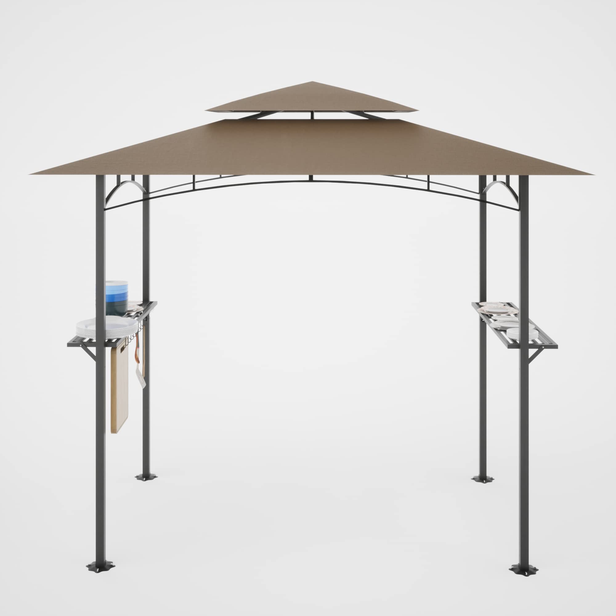 8 x 5 FT Grill Gazebo,Double Tiered Outdoor BBQ Gazebo with 2 Side Shelves,10 Hooks and Bottle Opener,Barbecue Grill Canopy Shelter for Patio Garden Beach Backyard Gatherings Parties (Khaki)