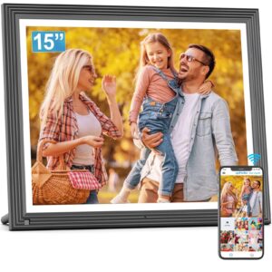 digital picture frame 15-inch large digital photo frame - 32gb wifi fullja smart frame, remote control, full function, share photos via app email, unlimited cloud storage, wall mounted for home decor