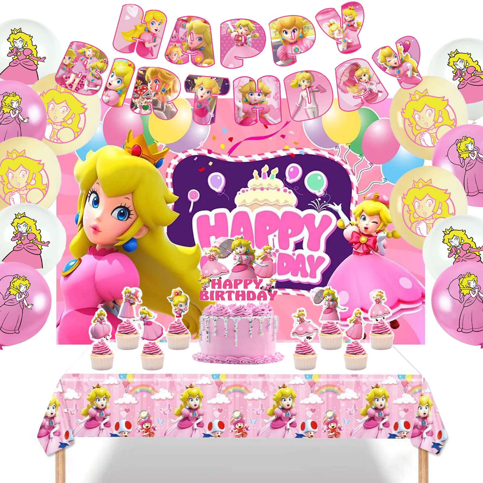 Girls Party Supplies,Peach Princess Birthday Decoration Cake Topper Cupcake Toppers Backdrop Tablecloth Banner Balloons Pink Mario Party Decor