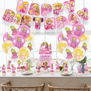 Girls Party Supplies,Peach Princess Birthday Decoration Cake Topper Cupcake Toppers Backdrop Tablecloth Banner Balloons Pink Mario Party Decor