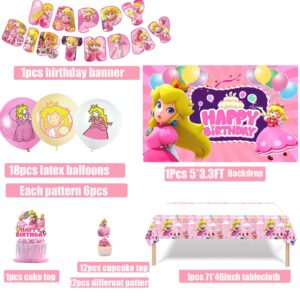 Girls Party Supplies,Peach Princess Birthday Decoration Cake Topper Cupcake Toppers Backdrop Tablecloth Banner Balloons Pink Mario Party Decor