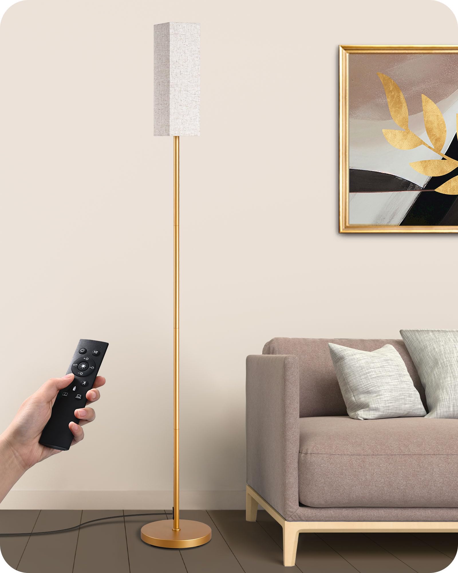 EDISHINE Modern Corner Floor Lamp with Remote, Stepless Dimmable Minimalist Reading Lamp, 65" Tall Pole Lamp for Living Room, Bedroom, Office, 9W LED Bulb Included (Gold)