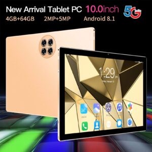 2023 Upgraded Smart Tablet 10 Inch 8Core 4G + 64G Android 8.1 Dual Sim Dual Camera Phone Pad WiFi GPS Phablet Tablet PC US Plug, Gift for Family (Gold)