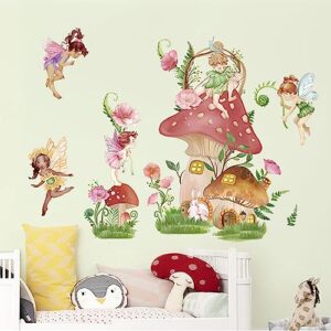 decalmile Forest Mushroom Fairy Wall Decals Elf Flower Grass Butterflies Wall Stickers Girls Bedroom Nursery Classroom Wall Decor