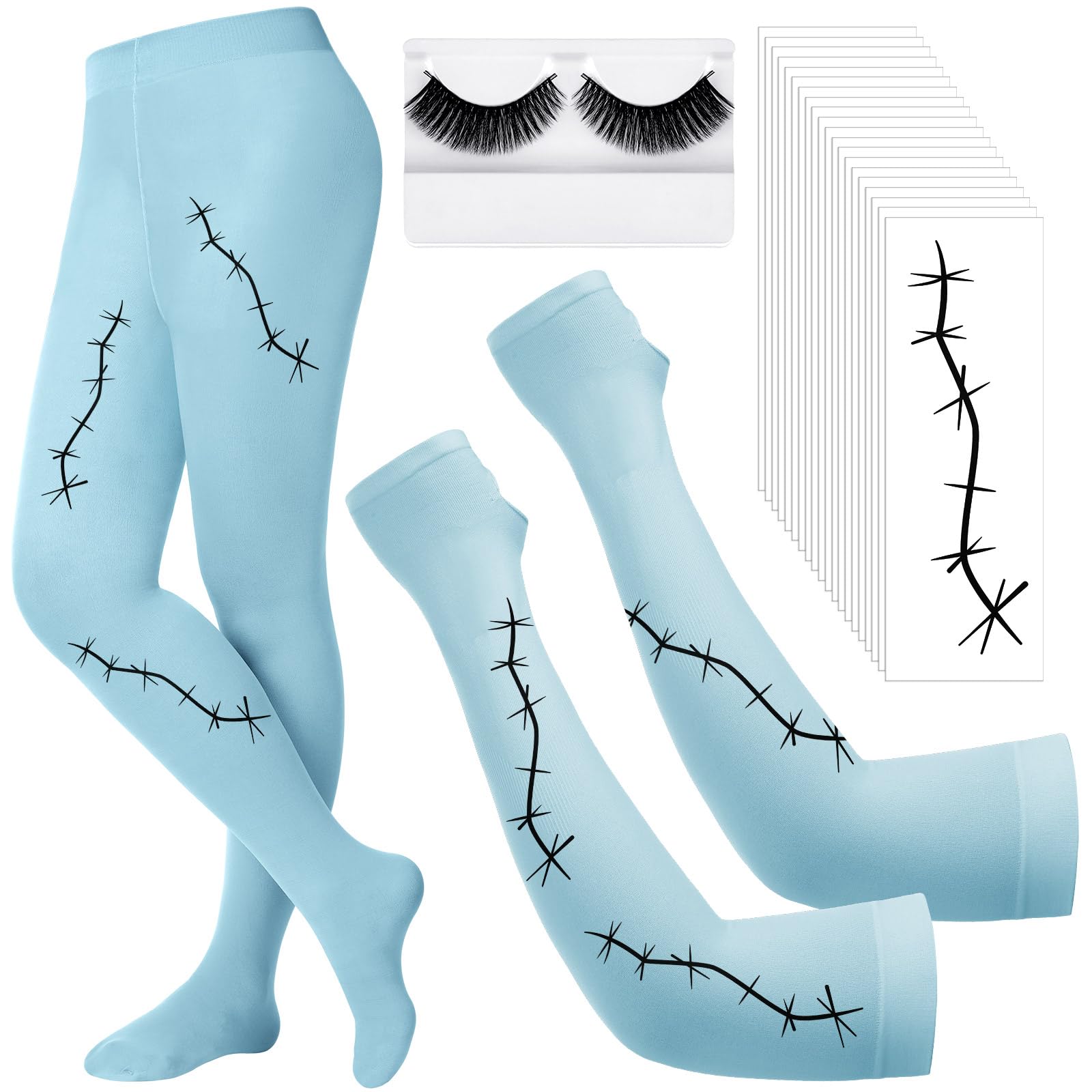 Didaey Costume Accessories Include 20 Sheets Halloween Scars Stitches Tattoos Solid Colored Opaque Footed Tights Arm Compression Sleeves Halloween False Lashes for Women