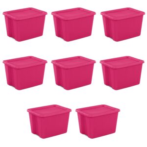 18 gallon plastic storage tote box,storage bin tote organizing container with durable lid, stackable and nestable snap lid plastic storage bin,fuchsia burst,set of 8