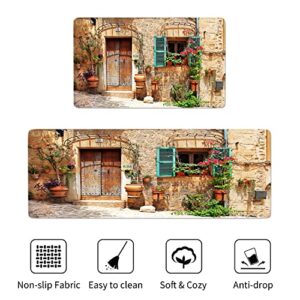Streets of Old Mediterranean Towns Kitchen Rugs and Mats Non-Slip Anti-Fatigue Kitchen Rug Set for Entryway,Kitchen and Laundry (Brown, 17.5"x29.5"+17.5"x47")