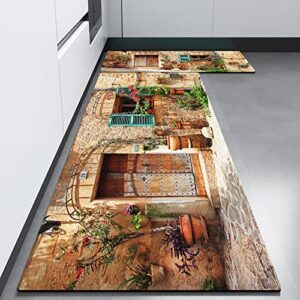 Streets of Old Mediterranean Towns Kitchen Rugs and Mats Non-Slip Anti-Fatigue Kitchen Rug Set for Entryway,Kitchen and Laundry (Brown, 17.5"x29.5"+17.5"x47")