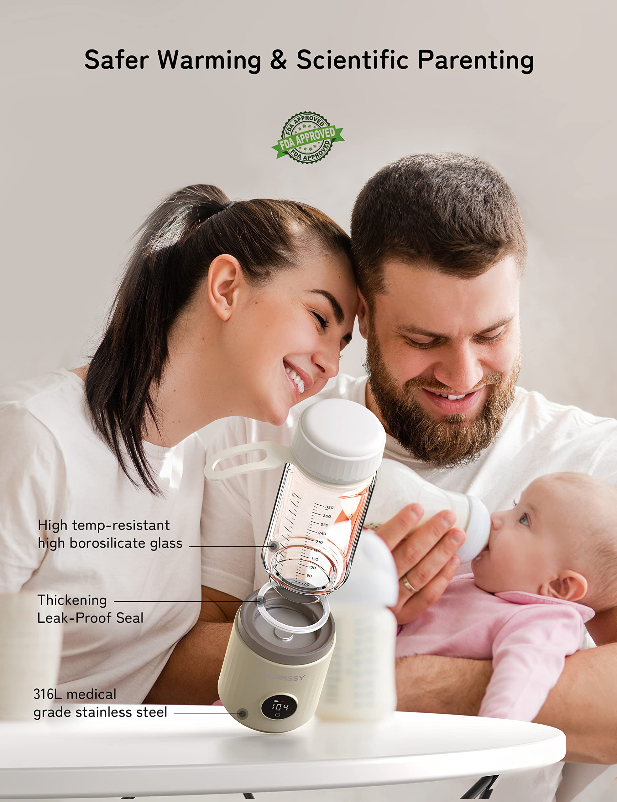 Momssy Portable Bottle Warmer for Travel, Baby Bottle Warmer for Breastmilk Formula, Smart Temperature Control, Travel Bottle Warmer for Baby Brew, Milk Warmer for Baby USB Rechargeable, Auto Shut-Off