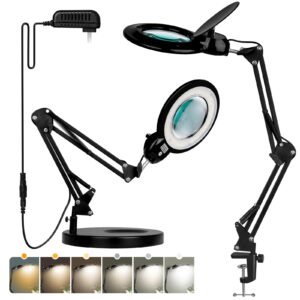 10x magnifying glass with light and stand, kirkas upgrade infinite color modes & stepless brightness led magnifying lamp with clamp, 2-in-1 lighted magnifier lamp for craft reading hobby close work