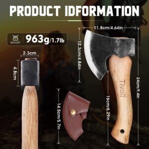 Tivoli 9-inch Small Hatchet Camping Axe, Small Bushcraft Axe for Chopping Wood, Survival Axes and Hatchets, Hand Forged Carbon Steel Carving Axe, Ash Wood Handle, Retro Sheath