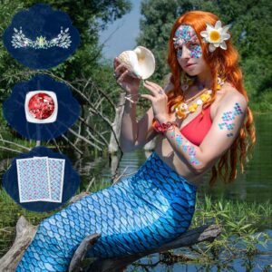 Jutom 21 Pcs Halloween Mermaid Costume for Women Make up Kit 4 Sheets Mermaid Scale Temporary Tattoos Stickers 9 Sets Body Face Jewels 8 Bottles Holographic Face Gems Glitter for Festival Rave Party