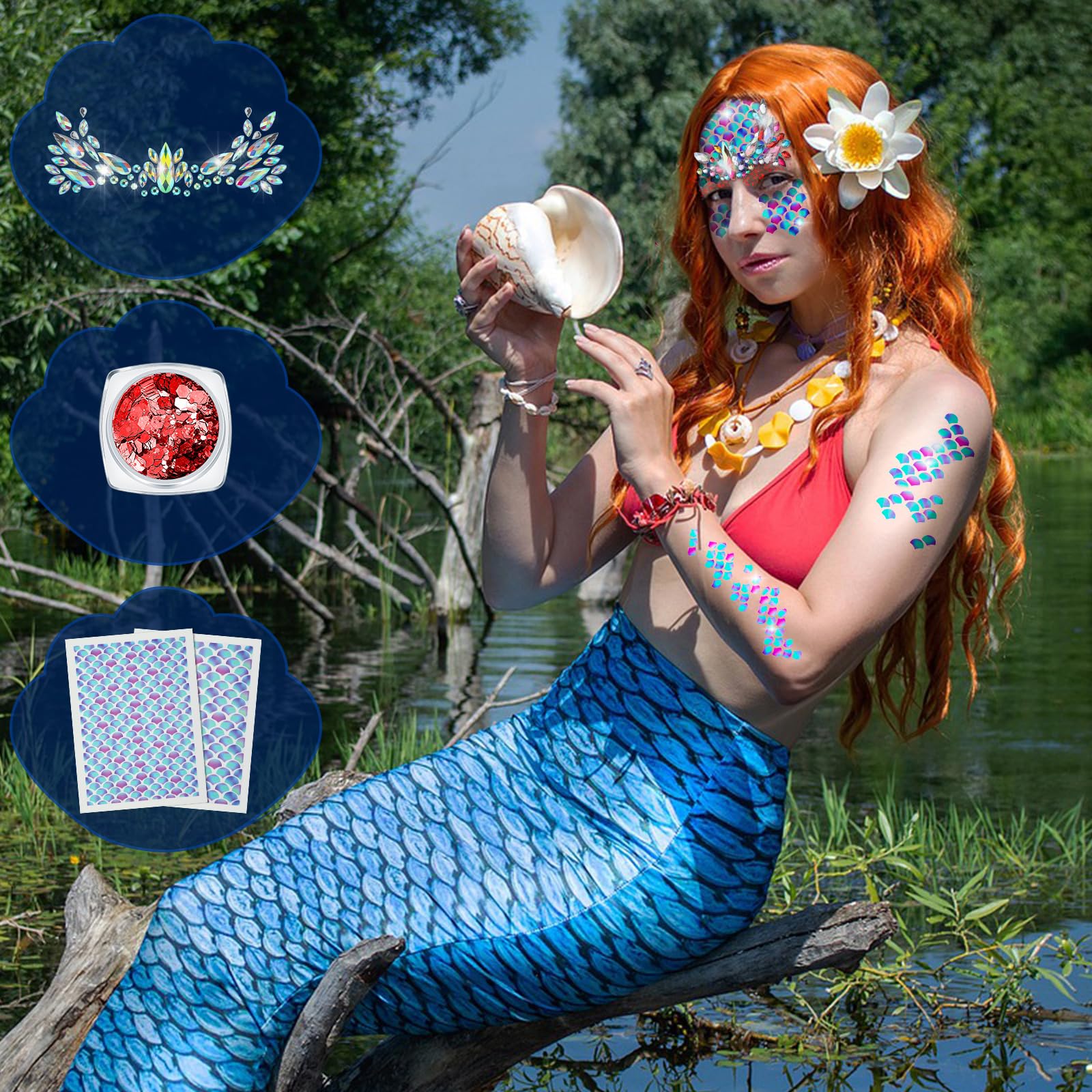 Jutom 21 Pcs Halloween Mermaid Costume for Women Make up Kit 4 Sheets Mermaid Scale Temporary Tattoos Stickers 9 Sets Body Face Jewels 8 Bottles Holographic Face Gems Glitter for Festival Rave Party