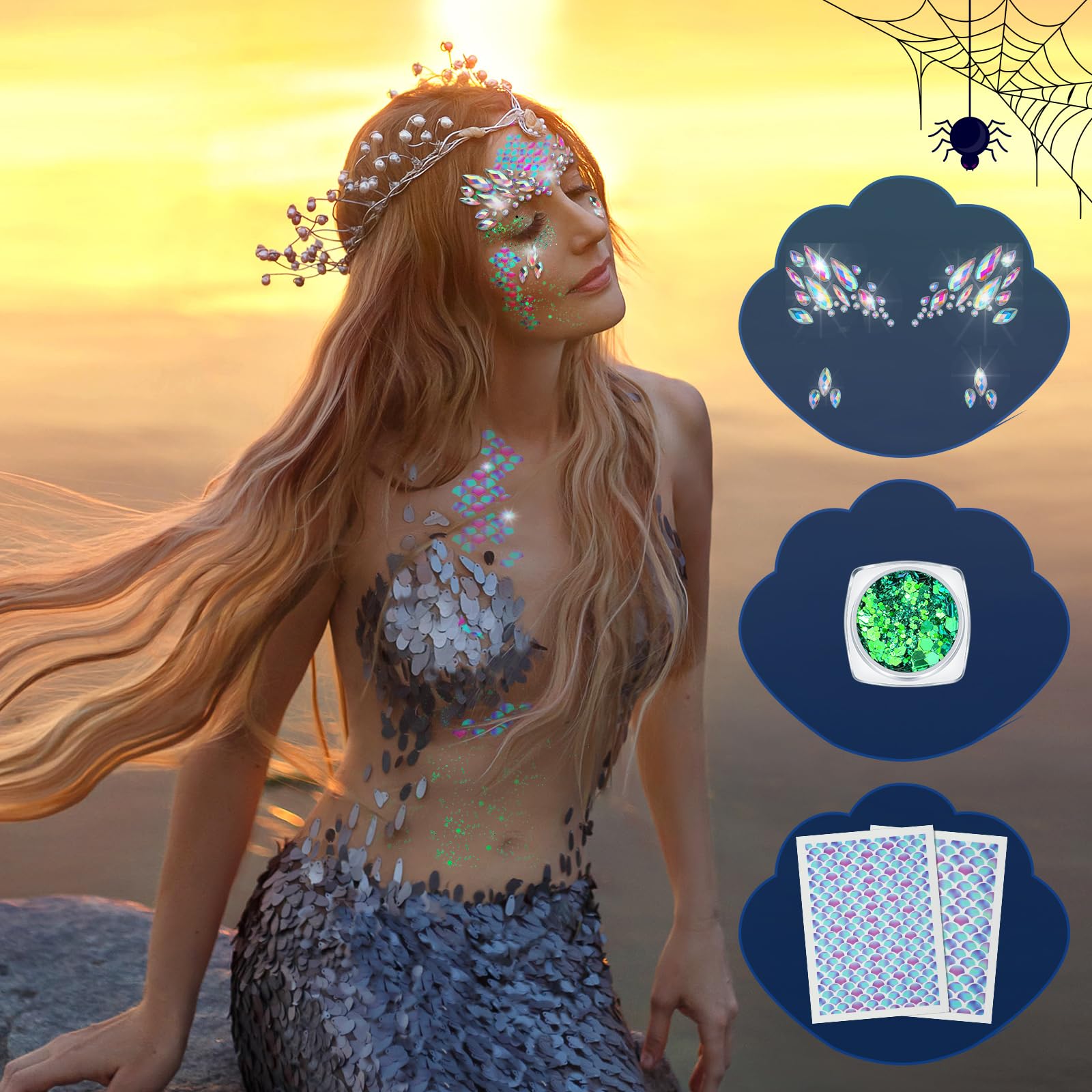 Jutom 21 Pcs Halloween Mermaid Costume for Women Make up Kit 4 Sheets Mermaid Scale Temporary Tattoos Stickers 9 Sets Body Face Jewels 8 Bottles Holographic Face Gems Glitter for Festival Rave Party