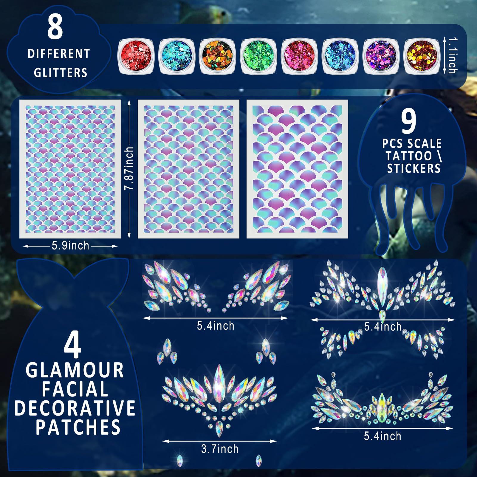 Jutom 21 Pcs Halloween Mermaid Costume for Women Make up Kit 4 Sheets Mermaid Scale Temporary Tattoos Stickers 9 Sets Body Face Jewels 8 Bottles Holographic Face Gems Glitter for Festival Rave Party