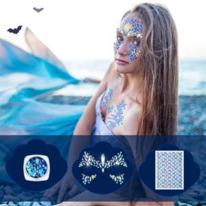 Jutom 21 Pcs Halloween Mermaid Costume for Women Make up Kit 4 Sheets Mermaid Scale Temporary Tattoos Stickers 9 Sets Body Face Jewels 8 Bottles Holographic Face Gems Glitter for Festival Rave Party