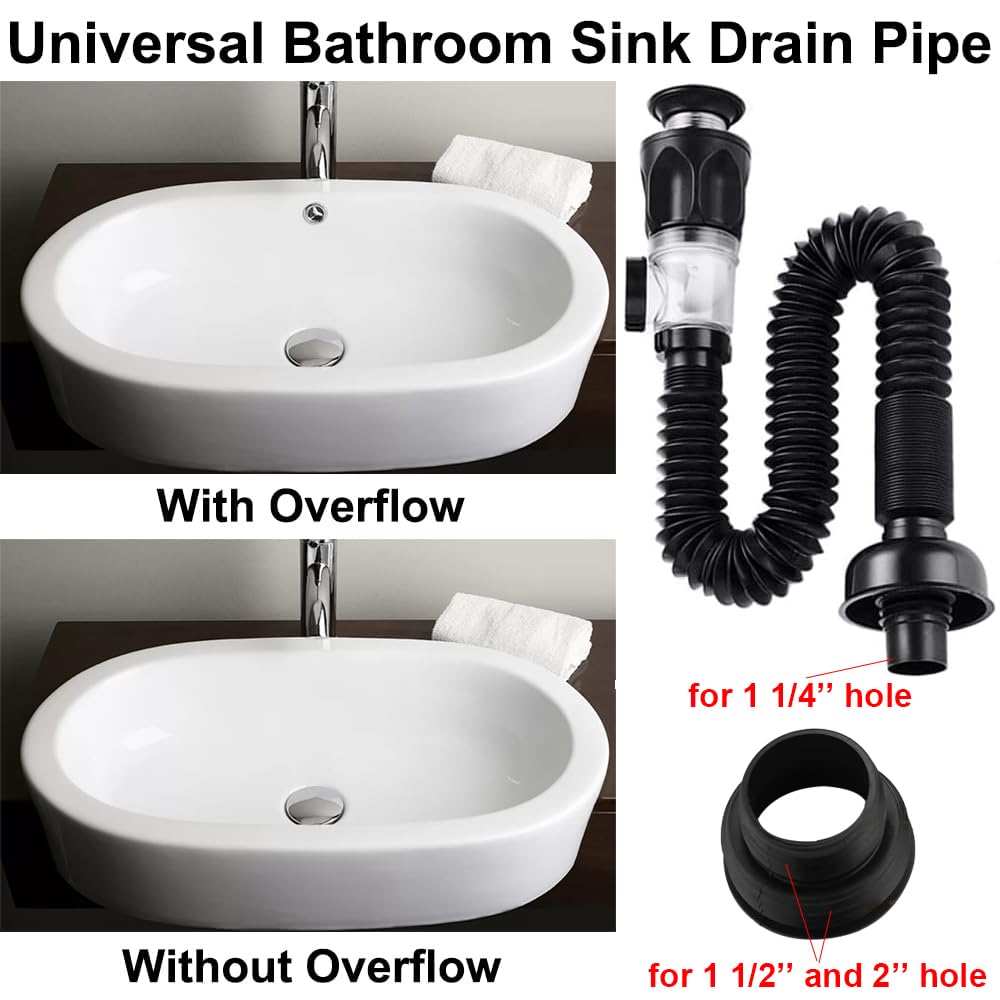 Bathroom Sink Drain Kit with Flexible Expandable P-Trap Sink Drain Pipe Tube Anti-Odor Bathroom Sink Drain Pipe for 1-1/4",1-1/2" and 2'' Drain Hole