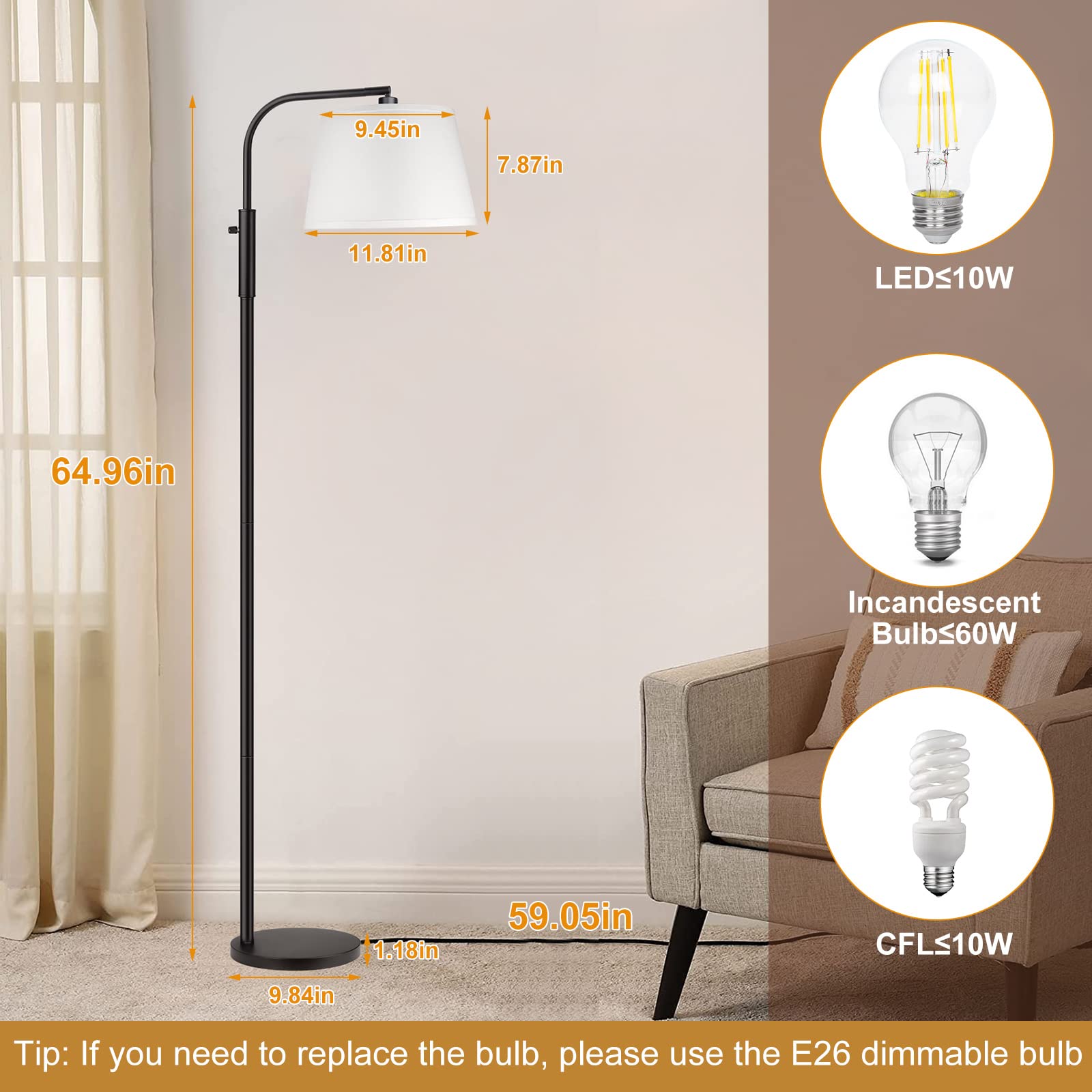 Jeagop Dimmable Floor Lamp, Arc Floor Lamps for Living Room with Adjustable Hanging Shade, Modern Standing Tall Lamp for Living Room Bedroom Office, 1000 Lumens LED Bulb Included