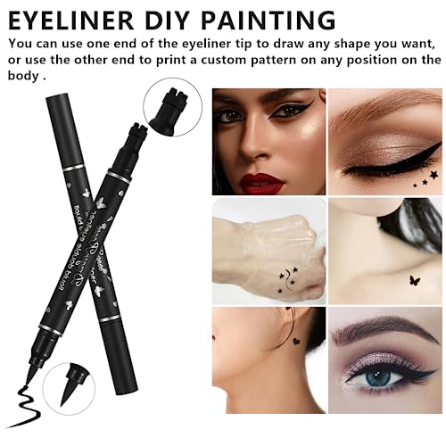 QIUFSSE 5Pcs Double-headed Liquid Eyeliner Stamp Pencil Set,Winged Eyeliner Stamp Pen Women Black Long-lasting delineador de ojos,(Heart/Flower/Star/Butterfly/Cone) Shape Eye Liner Stamp