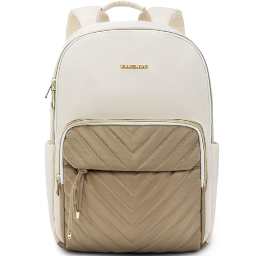 KINGSLONG 15.6 inch Laptop Backpack for Women Work Computer Bag with USB Port, Waterresistant Backpacks Travel Bags Casual Daypacks for College, Business, Beige