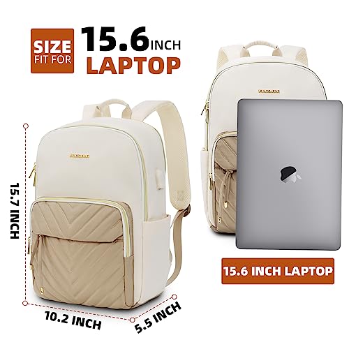KINGSLONG 15.6 inch Laptop Backpack for Women Work Computer Bag with USB Port, Waterresistant Backpacks Travel Bags Casual Daypacks for College, Business, Beige