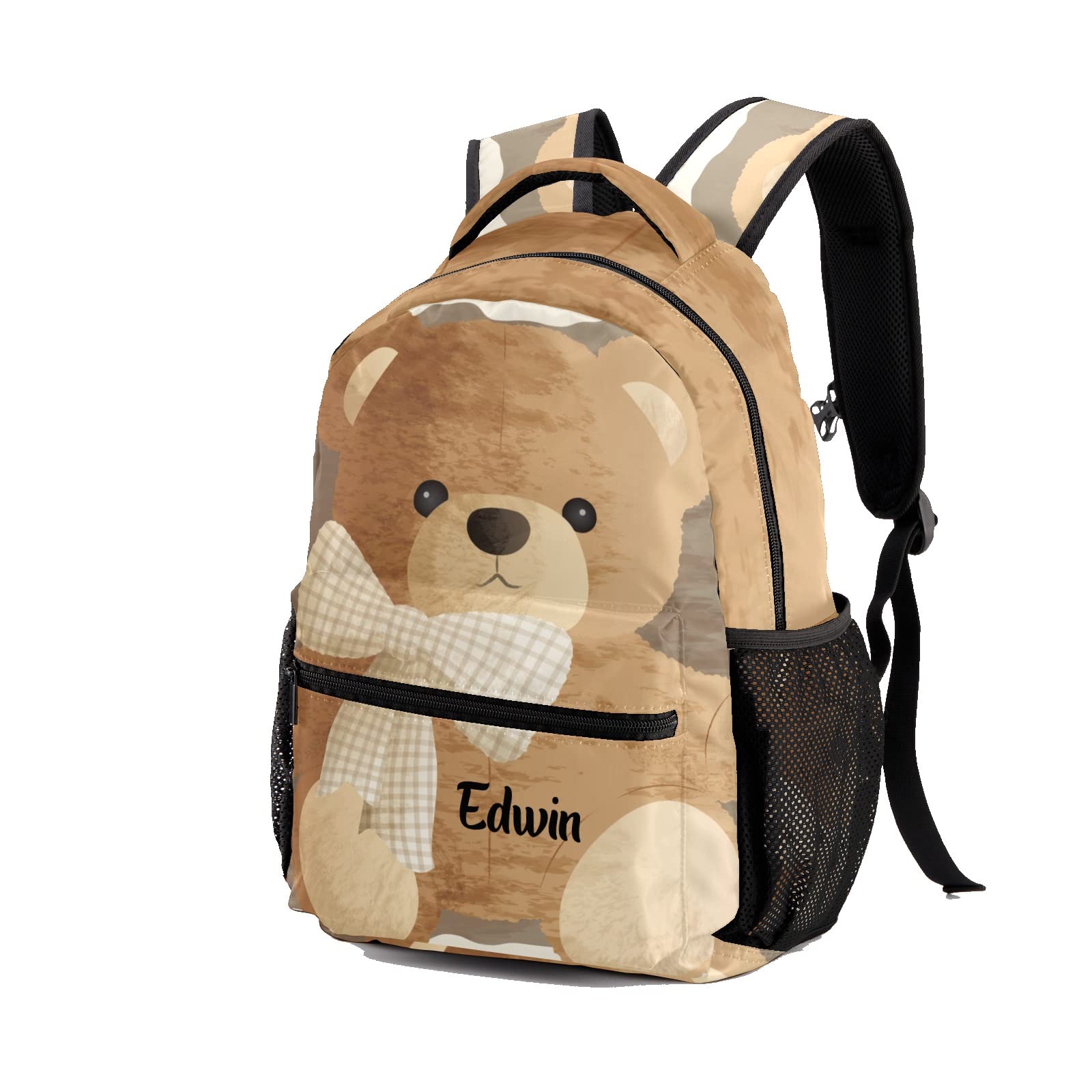 NZOOHY Brown Teddy Bear Bow Personalized Kids School Backpack Custom Name for Boys Girls Primary Daypack Bookbag Travel Bag