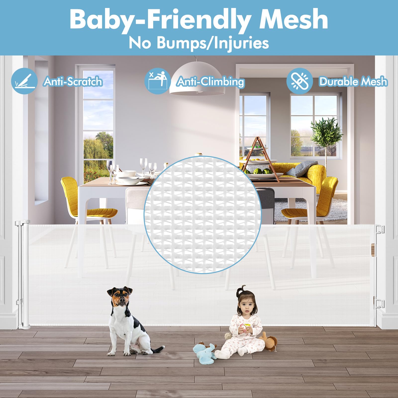 75 Inch Extra Wide Baby Gate for Wide Openings Indoor Outdoor Retractable Baby Gates Extra Wide Retractable Dog Gate Long Baby Gate Dog Gates for The House Extra Wide Child Gates for Doorways, White
