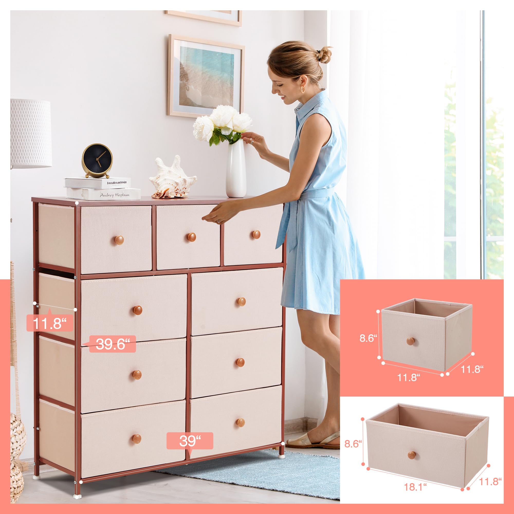 Sapodilla Pink 9 Drawers Dresser for Girls Bedroom,Chest of Drawers with Metal Frame Side Hook Wood Top,Large Capacity Closet Dresser in Living Room Hallway Storage Room (Pink, 9 Drawers)