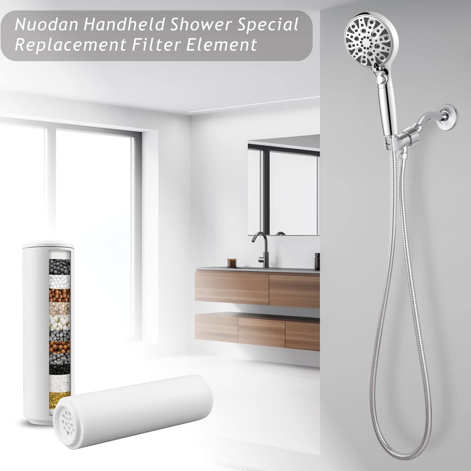 Nuodan Handheld Shower Head - High Pressure 6-mode Hand Held Shower Head with Brackets, Anti-clog Nozzles, Built-in Power Wash to Clean Tub, Tile & Pets, Extra Long 6 ft. Stainless Steel Hose
