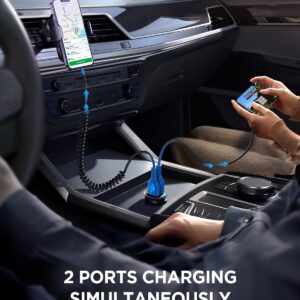 Car Charger，JOYROOM 4.8A Car Phone Charger All Metal, Mini Cigarette Lighter USB Charger with Type C Coiled Cable for iPhone 15 Pro, Dual USB Car Charger Adapter Fast Charge for iPhone/Samsung/Android