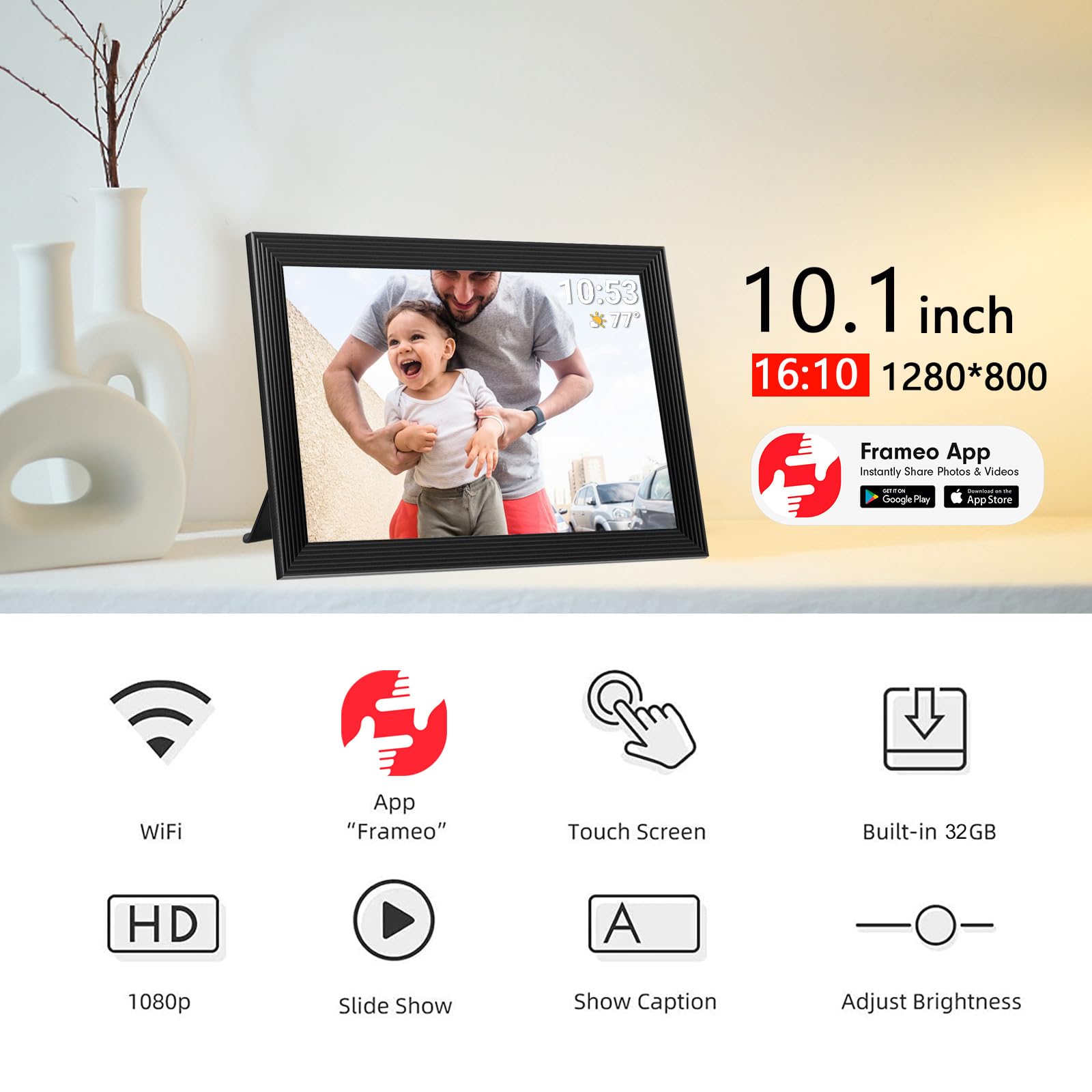 32GB FRAMEO 10.1 Inch Smart WiFi Digital Photo Frame 1280x800 IPS LCD Touch Screen, Auto-Rotate Portrait and Landscape, Share Moments Instantly via Frameo App from Anywhere