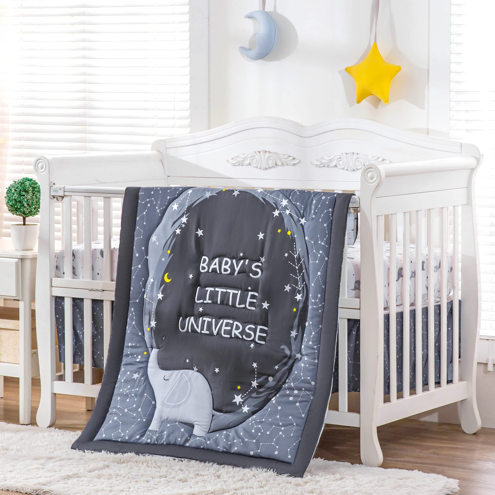 Jupeollon 3Piece Baby Crib Bedding Set for Boys Elephant Moon Star Themed Nursery Bedding Crib Sets for Boys Soft Breathable Included Crib Comforter Fitted Sheet Crib Skirt,Grey