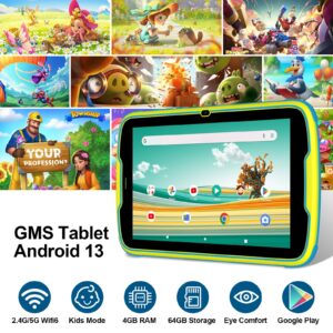 PRITOM 8 inch Kids Tablet, Android 13, 4GB RAM, 64GB ROM,Parental Control, Kids app, Quad Core Processor, 1280 * 800HD IPS Screen, Dual Camera, 2.4G&5G Wifi6, with Durable Stand(Yellow)