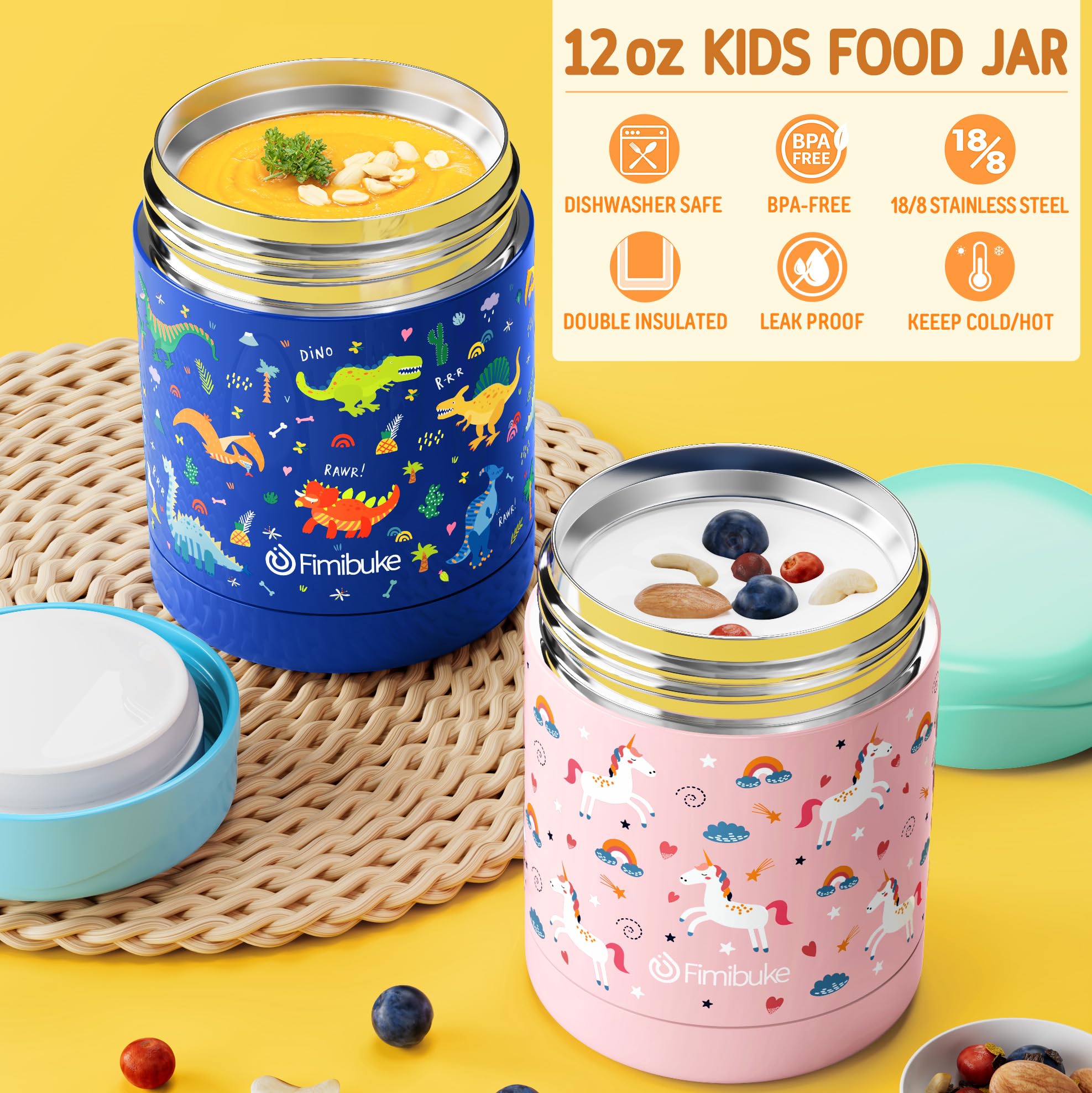 Fimibuke Kids Bento Snack Lunch Box with 4 Compartment, Insulated lunch Bag, Stainless Steel Vacuum Thermos Food Jar, Ice Pack, Utensils Set, Birthday Gift for Age 3-12 Back to School Toddler Girl Boy