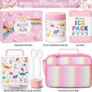 Fimibuke Kids Bento Snack Lunch Box with 4 Compartment, Insulated lunch Bag, Stainless Steel Vacuum Thermos Food Jar, Ice Pack, Utensils Set, Birthday Gift for Age 3-12 Back to School Toddler Girl Boy