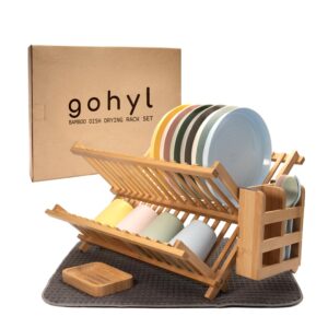 Kitchen Dish Drying Rack for Kitchen Counter - Bamboo Dish Drying Rack - Wooden Collapsible Dish Drying Rack Dishes Drying Rack Kitchen - 2 Tier Dish Drying Rack Small - Dish Strainer - Dishrack