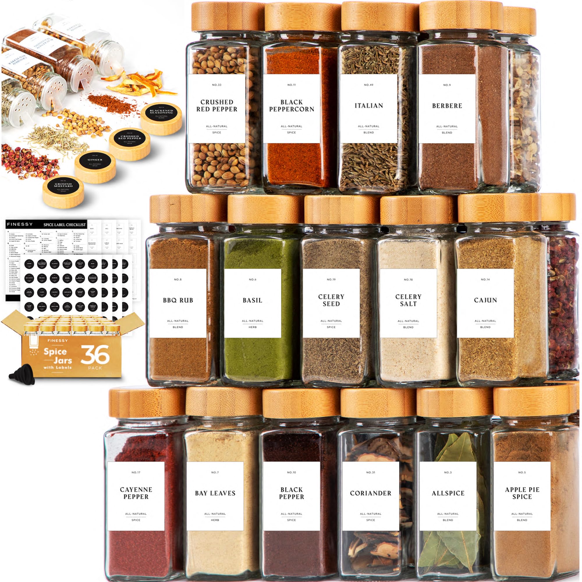 FINESSY Glass Spice Jars with Labels Bamboo, 36 pcs Glass Seasoning Containers, Spice Containers Set with Shaker Lids Seasoning Jars, 4 oz Empty Spice Bottles Storage, Kitchen Seasoning Organizer