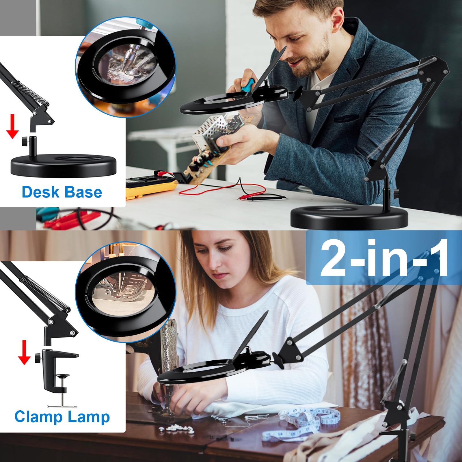 HITTI 【Upgraded Switch】 10X Magnifying Glass with Light, 2200 Lumens 2-1 Desk & Clamp Magnifying Lamp, Stepless Color and Brightness, Hands Free Magnifier Light and Stand for Crafts Workbench-Black