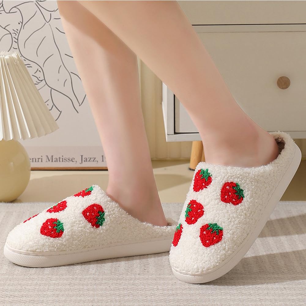 JAMANDUO Women's Men's Cute Retro Strawberry Slippers Cherry Slippers Mushroom Slippers Fruit Plush Soft Memory Foam House Home Shoes 43-44