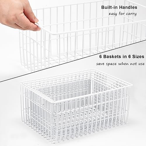 Orgneas Freezer Organizer Bins, Wire Freezer Baskets for Upright Freezer, Pantry Storage Basket Organizers with Handles for Frozen Foods, Snacks, Vegetables, Fruits and More, Set of 6