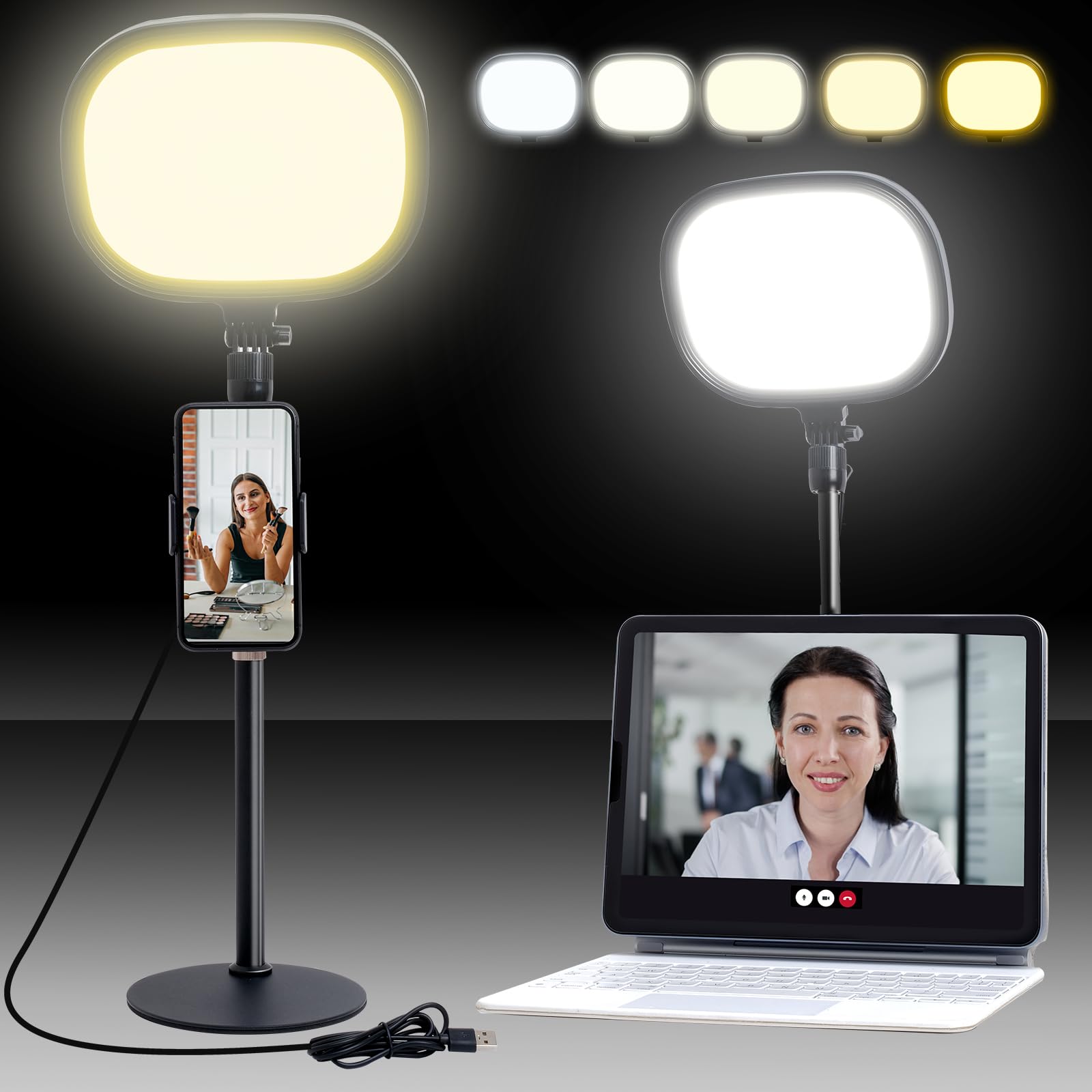 Video Conference Light for Zoom Meeting - mmcrz LED Ring Light for Computer, Adjustable Brightness & 5 Color Temperatures Zoom Light with Flexible Stand & Phone Holder Fit for LiveStream, Video Call