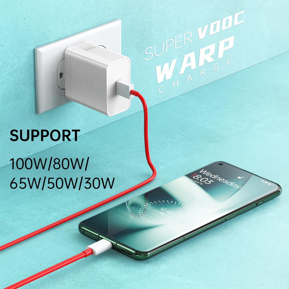 100W for Oneplus 12 12R 11 Charger, Supervooc 80W Warp Charger 65W 30W for Oneplus 10 9 Pro 10T 10R 8T 8 7T 7 Pro Open Nord 2T CE 3 2 Lite N30 N20 N10 9R 6T One Plus Oppo Realme Fast Charge 5ft Cable