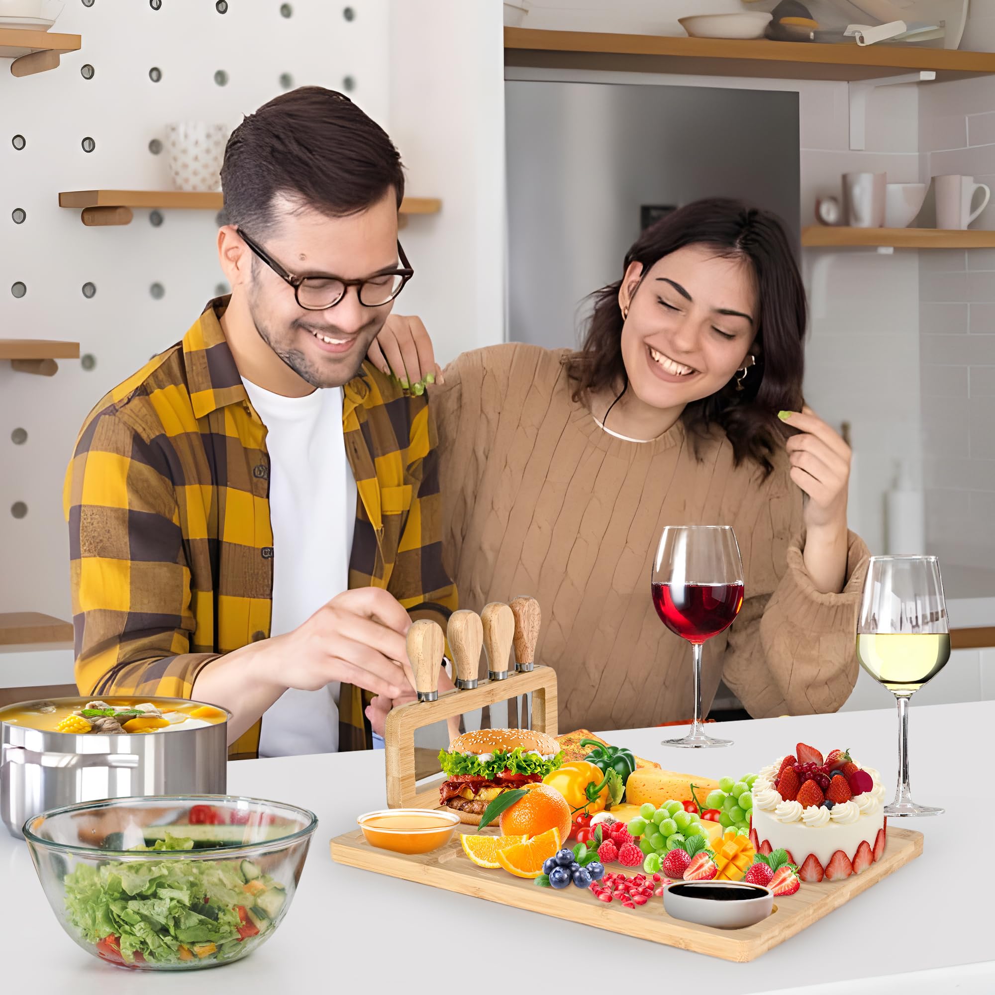 Lexda Bamboo Cheese Board and Knife Set - 14” x 11” Large Charcuterie Boards Set, Cheese Tray Platter Servers with Clasp Knife Holder, Gift for Anniversary, Housewarming, Christmas, Thanksgiving