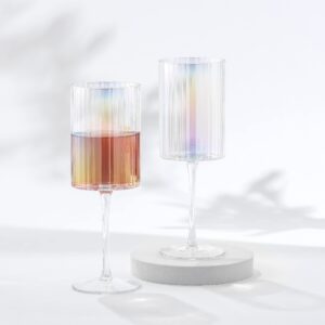 Fluted Iridescent Wine Glasses – Christian Siriano Chroma 17.5oz Red Wine Glasses Set of 2 Big Iridescent Long Stem Wine Glasses. Unique, Colorful Stemmed Red Wine Glass or Cocktail Glasses.