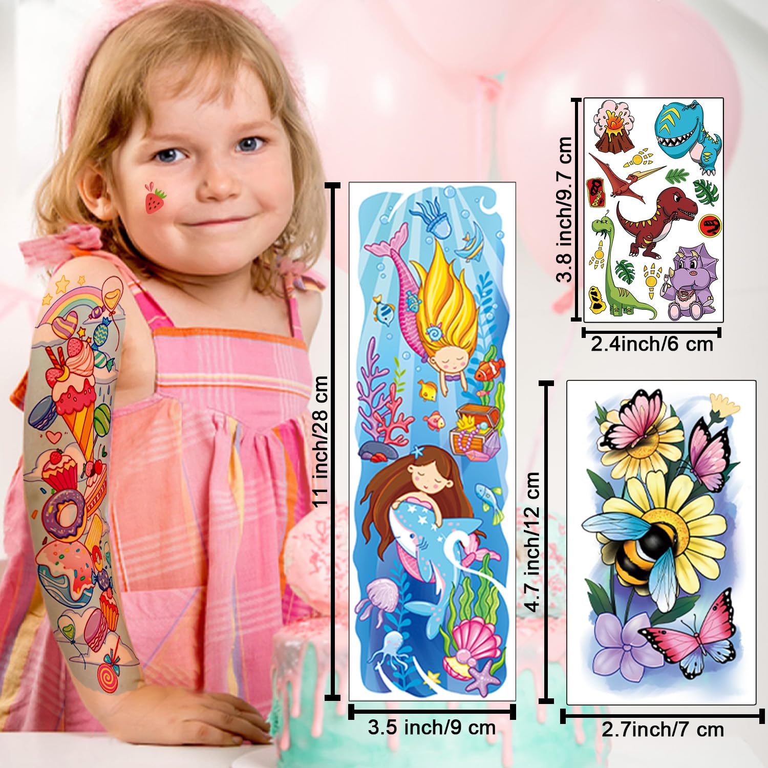 Partywind 66 Sheets Kids Full & Half Arm Temporary Tattoos Sleeves, Fake Tattoo Stickers with Dinosaur/Pirate/Cars for Boys, Butterfly/Mermaid Tattoos for Girls, Kids Gifts Party Supplies