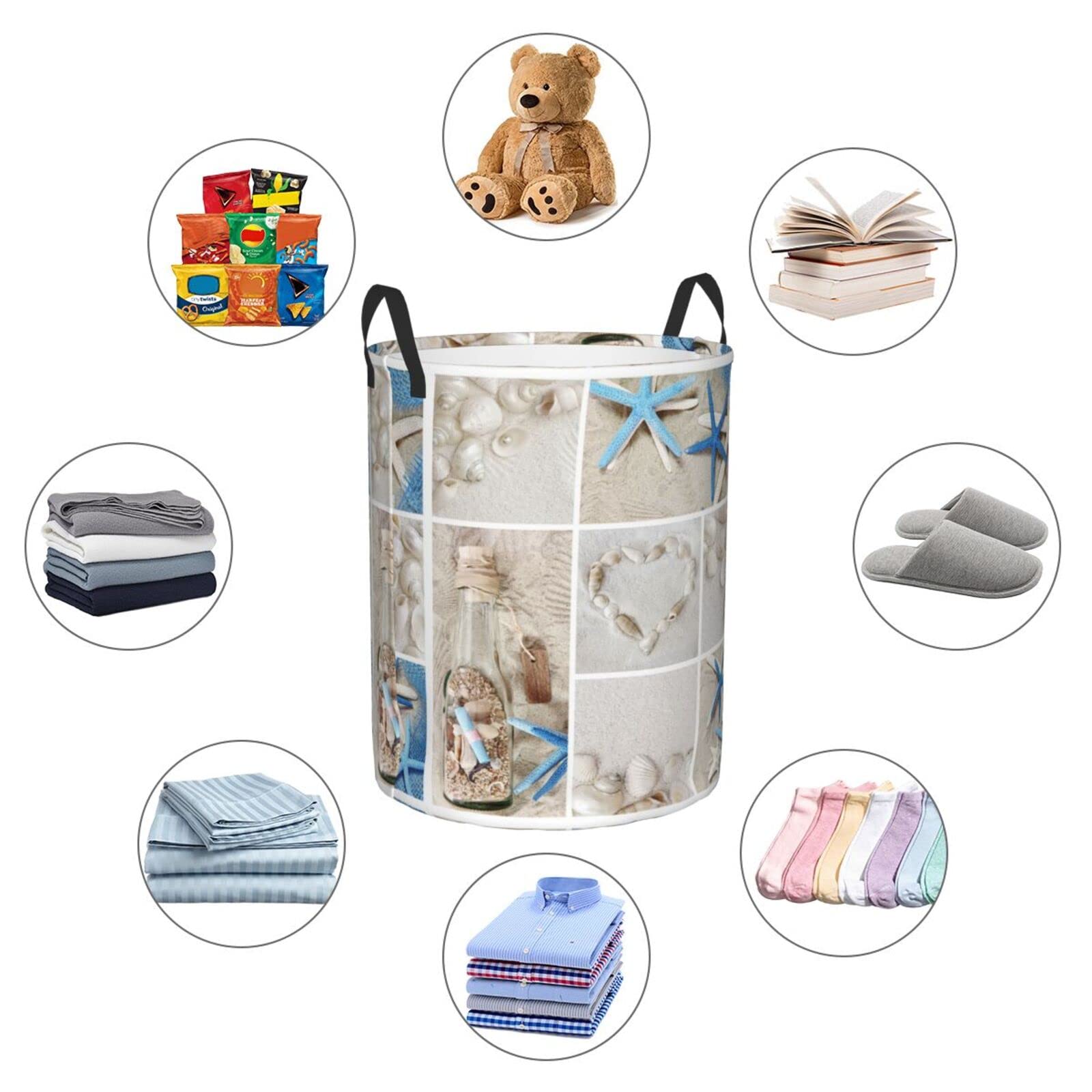 Nautical Sea World Starfish Shell Laundry Hamper With Handle Foldable Durable Laundry Basket Storage Bin Dirty Clothes Organizer Bag For Bedroom Bathroom Nursery