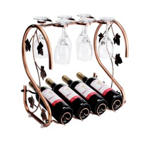 GAHOSG Countertop Wine Rack with Glass Holder Freestanding Tabletop Metal Wine Rack Storage, Holds 4 Bottles and 6 Stemware