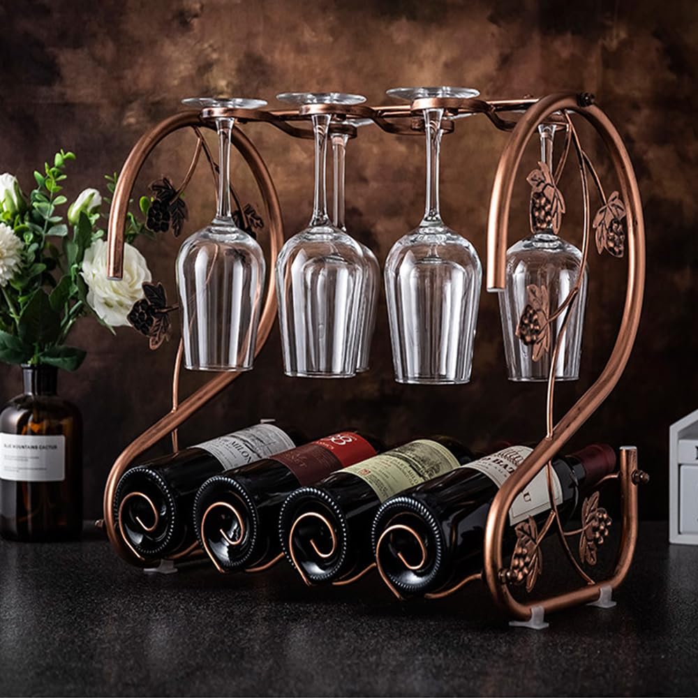 GAHOSG Countertop Wine Rack with Glass Holder Freestanding Tabletop Metal Wine Rack Storage, Holds 4 Bottles and 6 Stemware